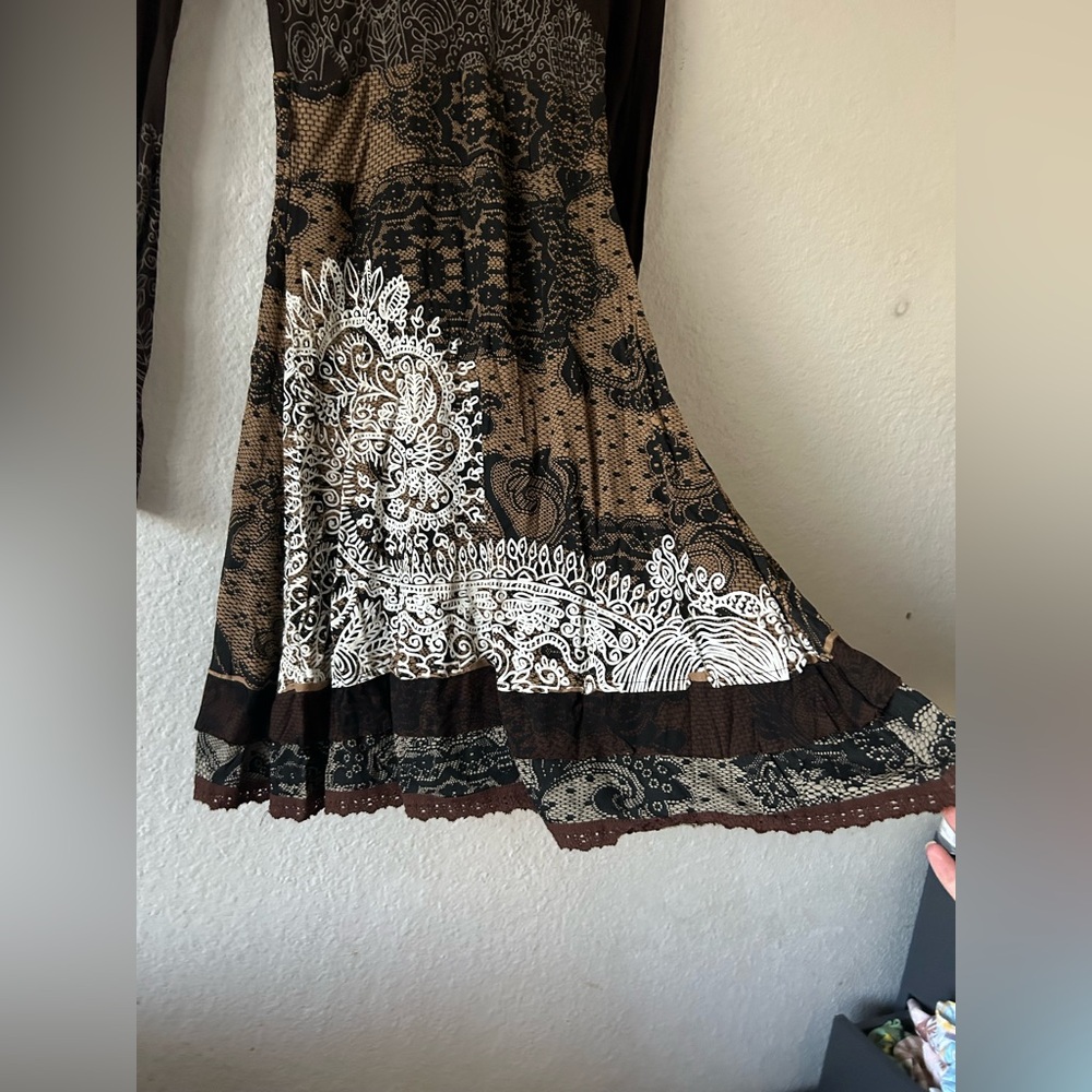 DESIGUAL Ladies Long Sleeve Scoop Neck A-line Brown TISDALE Dress XS Artsy Boho - Picture 7 of 16